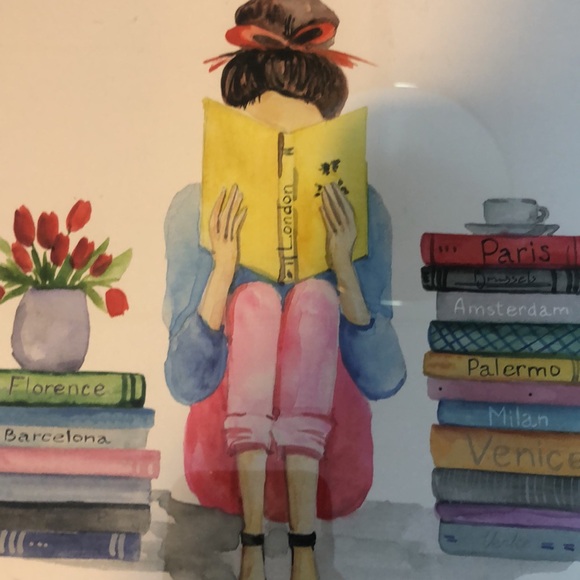 Watercolor hanging Art Girl Reading Books Tulips Paris London Original - Picture 8 of 16